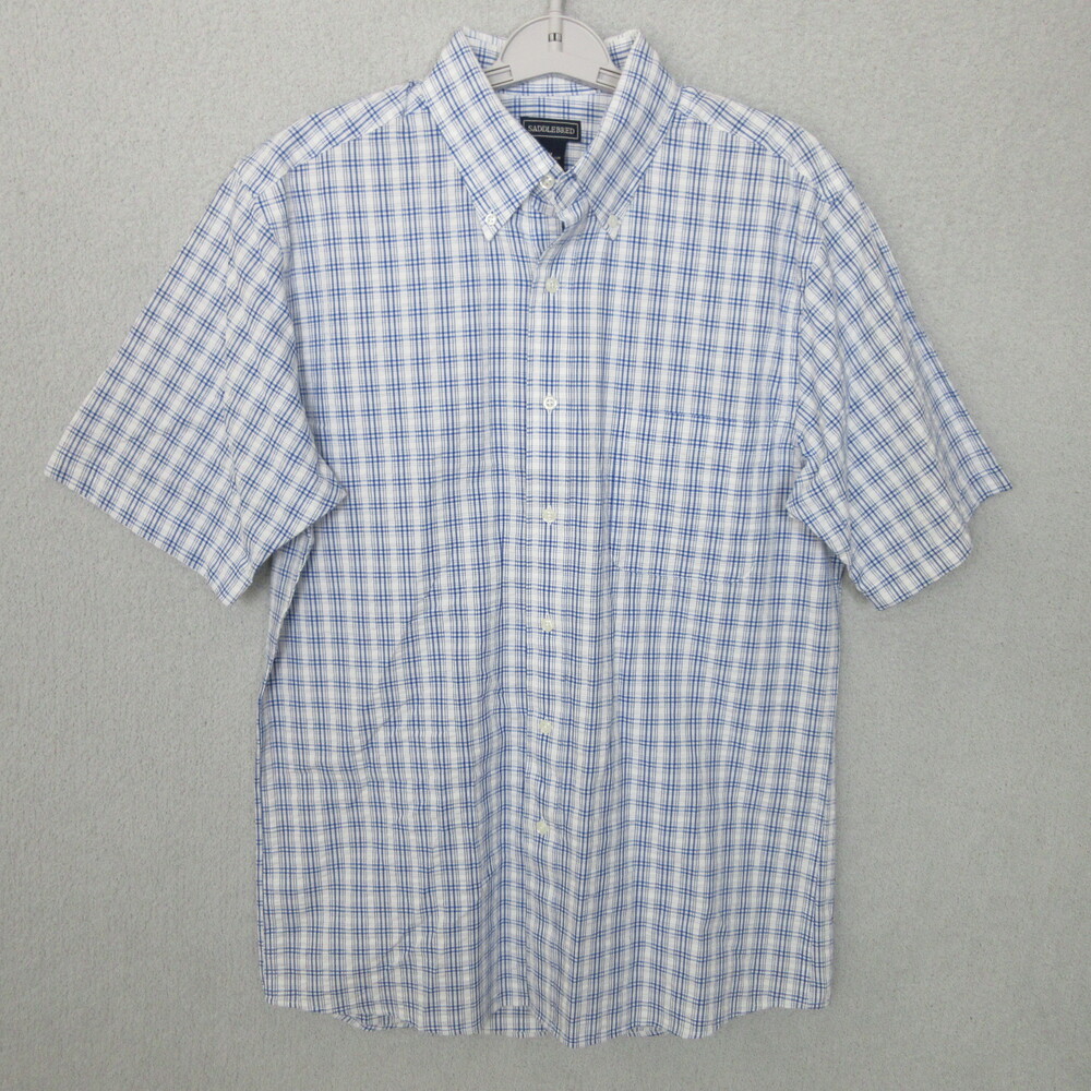 NWT Saddlebred Mens Seersucker Shirt Size Medium White Blue Plaid Short Sleeve